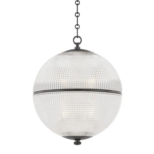 large spherical pendant light with textured clear glass and dark metal chain suspension