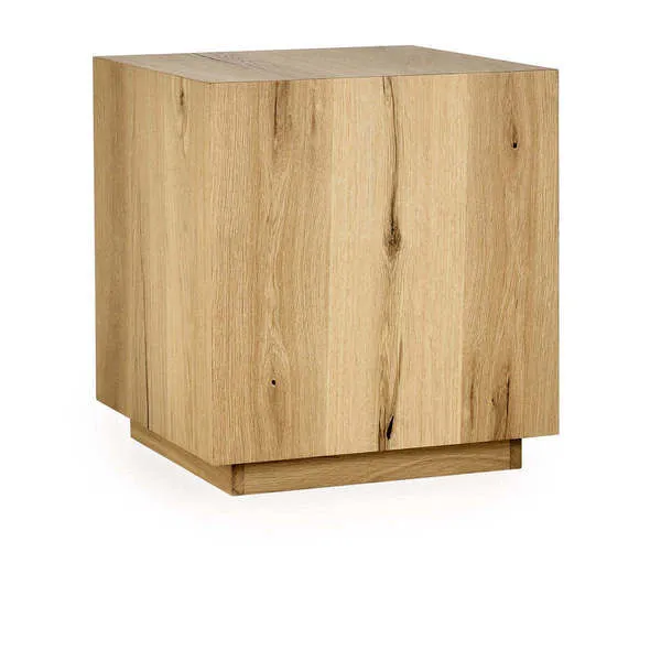 Layne Square End Table in light brown oak veneer with cube shape and animated grain pattern on all sides