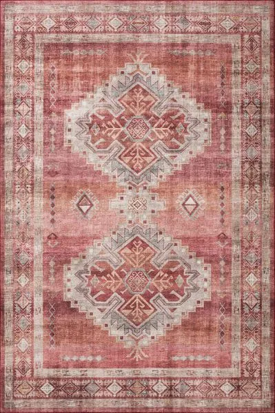 Heidi Sunset Natural Rug with vintage-style medallions in warm red and beige tones, distressed texture