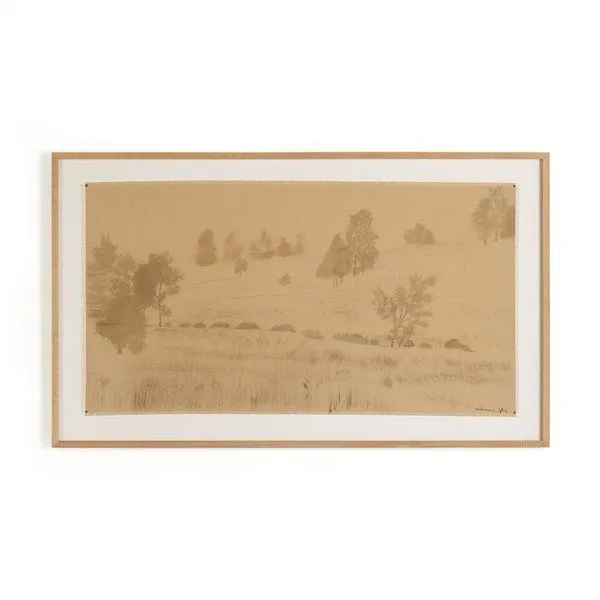 Framed painting of rural Southern landscape with muted vertical grain texture on beige canvas