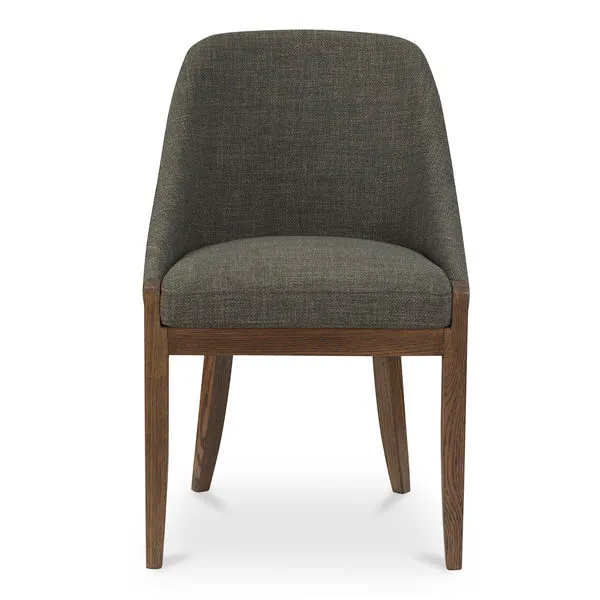 Edward dining chair with dark espresso solid oak frame and curved backrest upholstered in dark gray performance fabric