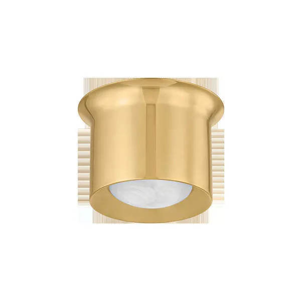 Noxon flush mount ceiling light in polished brass with matte cloud glass shade and smooth cylindrical metal frame