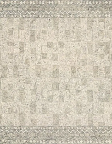 Priti Pewter/Natural rug with hooked wool pile in soft neutral tones, geometric and tribal-inspired pattern