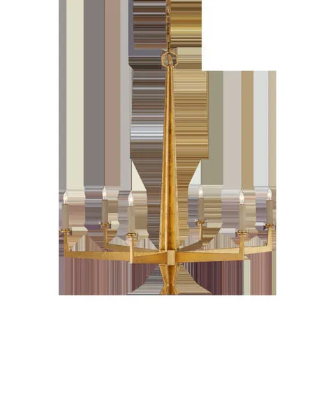 Goldfinch Medium Chandelier with eight arms and wrought iron frame in washed textured Lucerne gold finish
