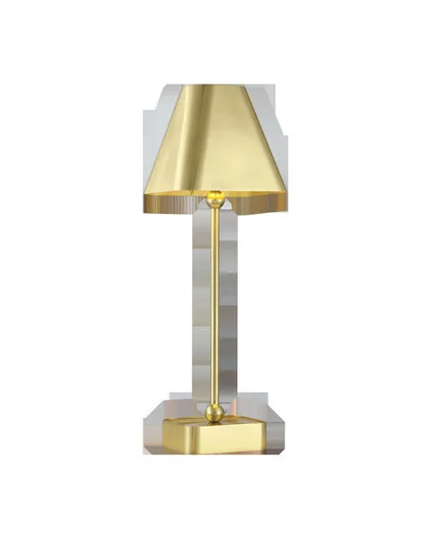 Gold cordless table lamp with trapezoidal metal shade and spherical accents on a rectangular base