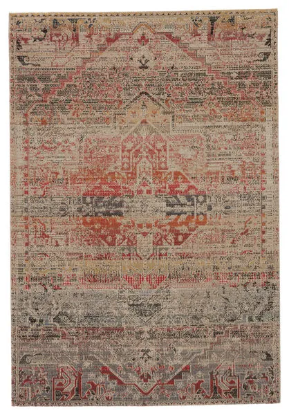 Multicolor and beige indoor/outdoor rug with ornate medallion and vintage Turkish-inspired design