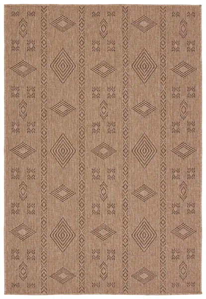 Square 18 by 18-inch Sahel rug with tribal geometric pattern in brown tones on a neutral background