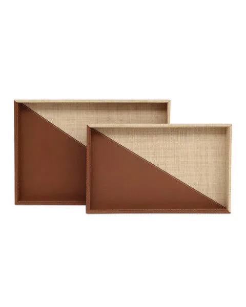 Product Image 1 for Leather & Raffia Tray, Set of 2 from Currey & Company