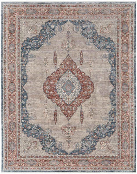 Traditional area rug with intricate Persian motifs, gray base with blue and rust accents, 9'6" x 12'7"