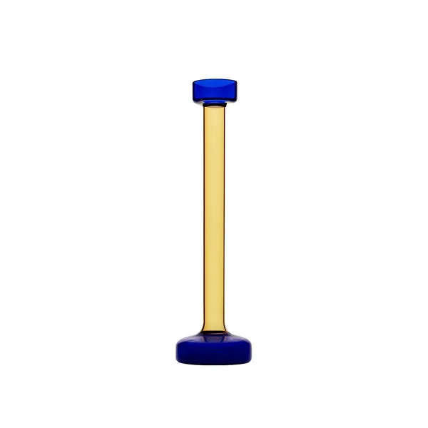 Tall glass candle holder with slender yellow body and blue rounded base and top