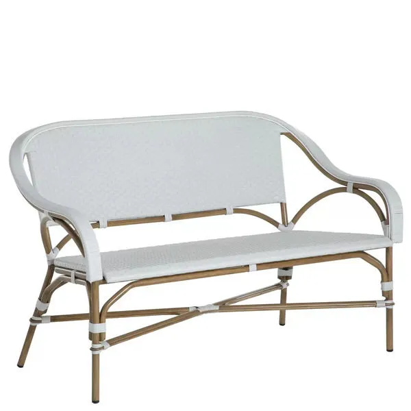 Savoy Loveseat with white N-Dura resin wicker and contrasting light brown wrought aluminum frame with curved arms