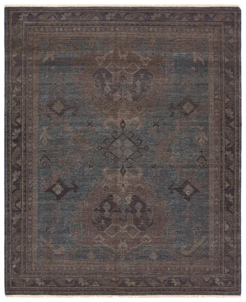 Blue and brown handknotted area rug with dual-medallion Old World pattern and multi-layered geometric border