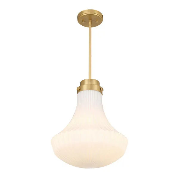 Side view of pendant showing warm brass finish and ribbed glass shade