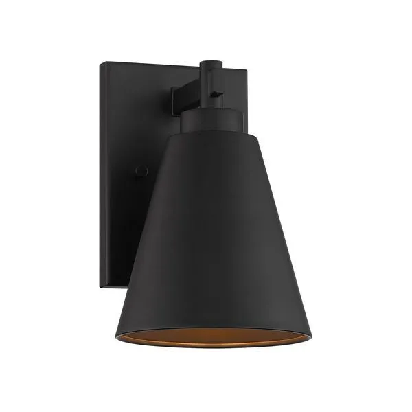Matte black outdoor wall lantern with solid metal conical shade and rectangular backplate