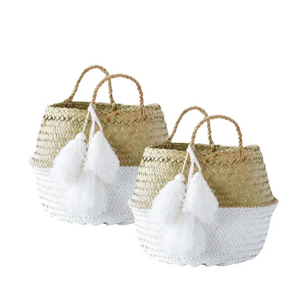 Product Image 4 for Beige & White Collapsible Palm Leaf Baskets With Large Tassels (Set Of 2) from Creative Co-Op