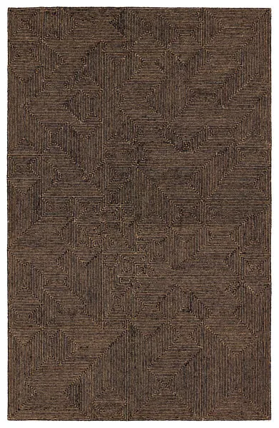 Quarion handmade geometric rug in tan and black with a textured loop pile and unique linear motifs