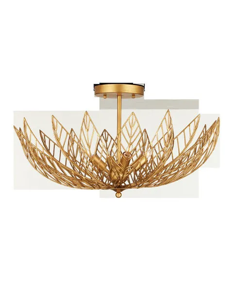 Leaflace Semi-Flush Mount with gold leaf finish wrought iron forming lacy leaf shapes around central light