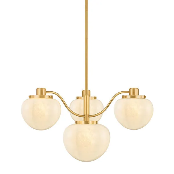 Kristen chandelier with three warm aged brass arms and frosted Cloud Glass buds in heart-like shapes