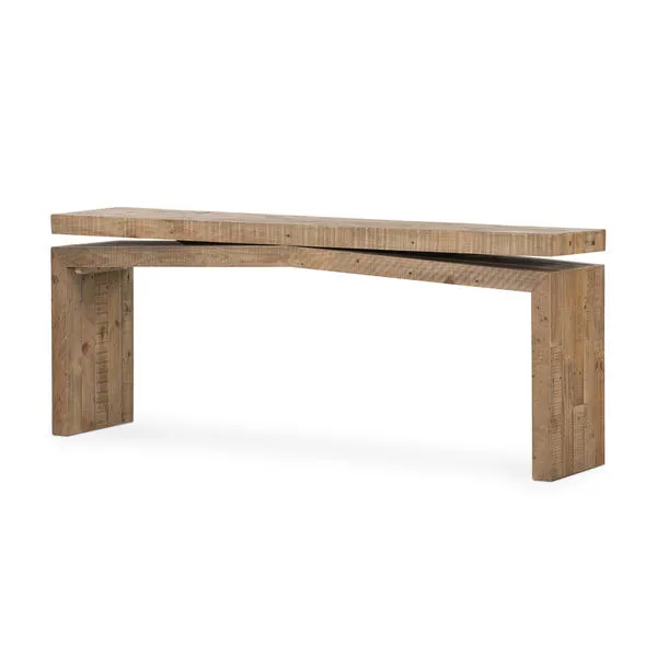 Matthes Sierra Rustic Natural Console Table with layered reclaimed wood, angled top slab, and open base
