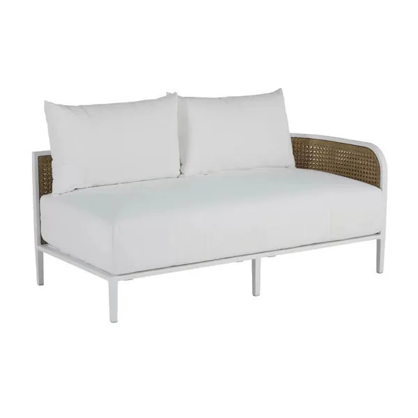 Havana Right Arm Facing outdoor sofa with white cushions, white frame, and woven rattan armrest on right side