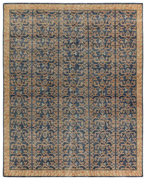 Designer Edit Merriman hand-knotted wool rug with navy and orange trellis pattern and a vintage, worn look