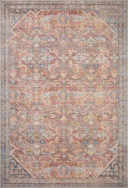 Adrian Rust / Denim Rug with vintage-inspired floral patterns in warm rust, blue, and beige tones