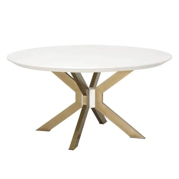 60-inch round dining table with ivory concrete top and brass pedestal base with solid wood accent in center
