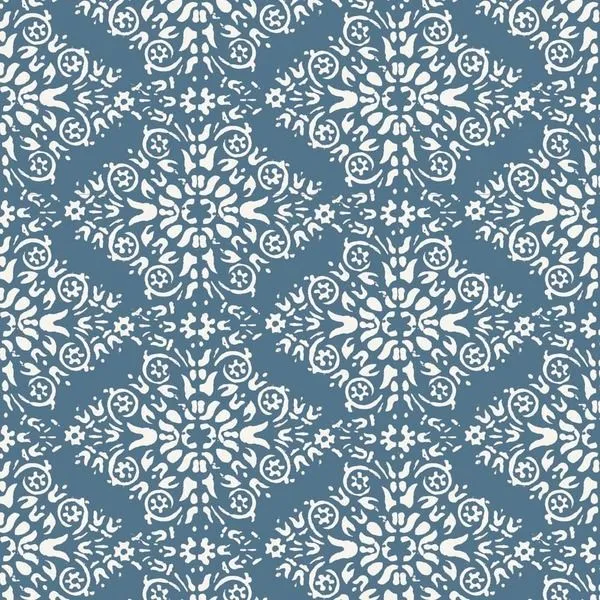 Blue salt hue wallpaper with intricate white damask pattern and a premium matte finish texture