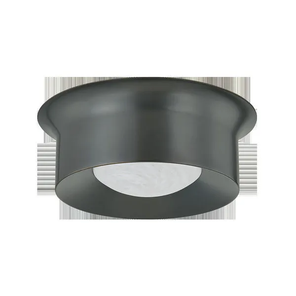 Noxon Flush Mount ceiling light with matte cloud glass shade within a smooth dark metal frame with a gently swelling canopy