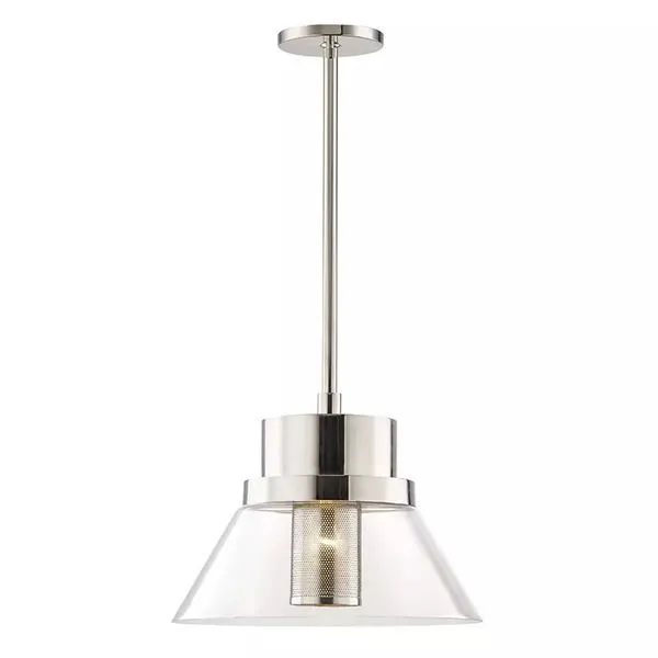 Paoli 1 Light Large Pendant with brushed metal finish, clear conical glass shade, and perforated inner cylinder