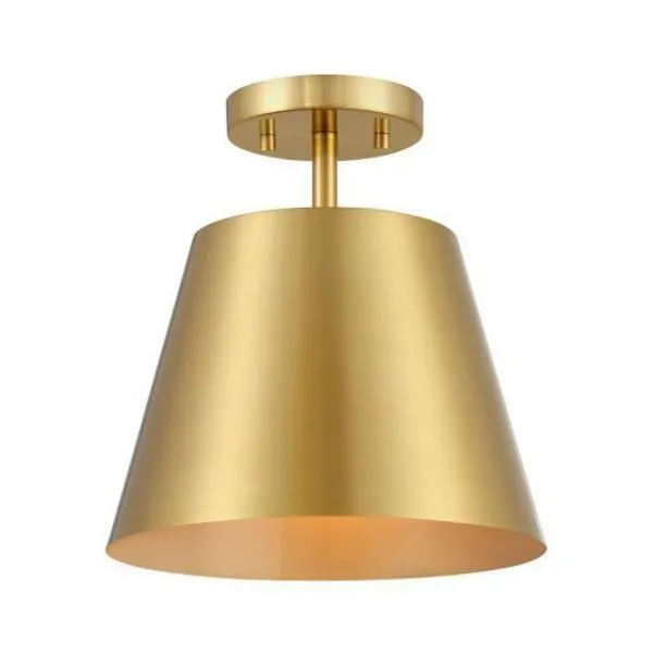 1-light ceiling semi-flush mount with bold natural brass metal shade, 11 inches height, 10 inches width