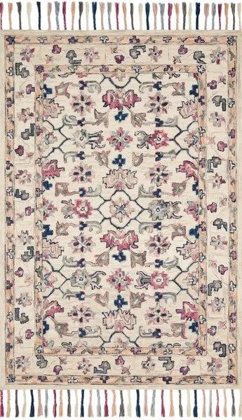 Ivory wool rug with whimsical floral motifs and multi-colored braided tassels on both ends