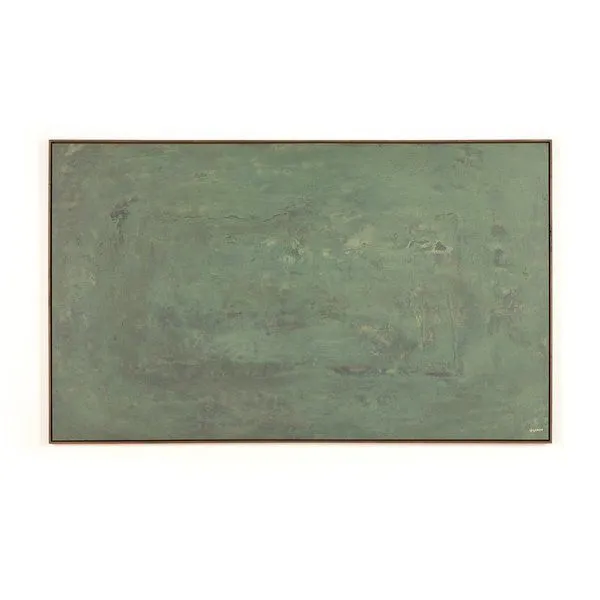 Abstract-expressionist painting with textured greenish surface and muted earth tones in a walnut frame