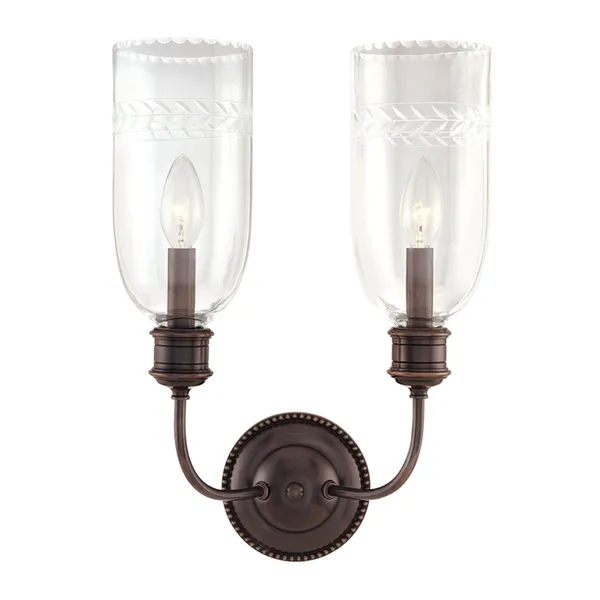 Lafayette 2 Light Wall Sconce with two clear etched glass shades and an oil-rubbed bronze metal frame