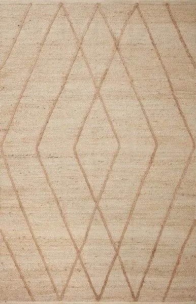 Ivory and natural diamond pattern jute rug with linear and braided details, Moroccan-inspired design