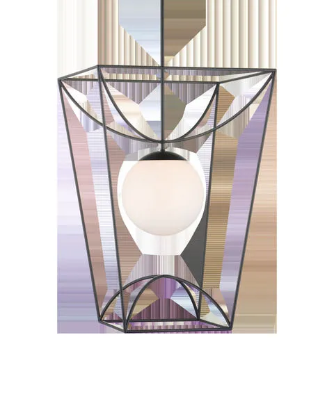 Rochefort Large outdoor lantern pendant with black powder-coated geometric frame and central milky white glass globe