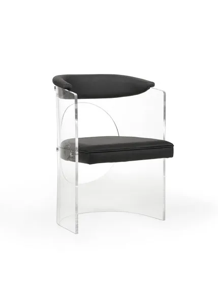 Baran Barrel Back Chair with clear acrylic curved frame, circle cutout, and black faux leather cushioned seat and backrest