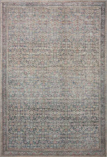 Traditional rectangular multi-color rug with intricate vintage-inspired pattern in warm hues of blue, pink, and beige