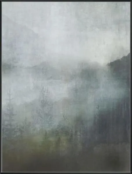 Mountain Mist I painting depicting misty forest landscape with soft gray and green tones and Knife Gel texture