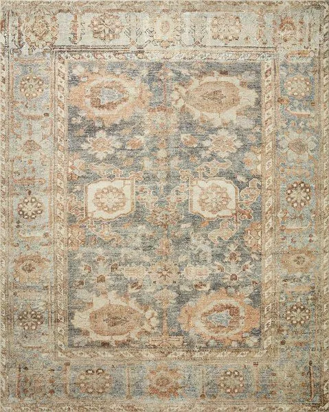 Traditional Margot Ocean Spice rug with ornate floral motifs in blue, beige, and brown tones, plush cloud-like texture