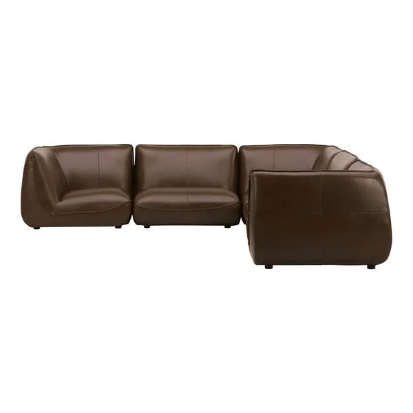 Dark brown leather modular sectional sofa with low-profile, rounded edges and a bulky silhouette