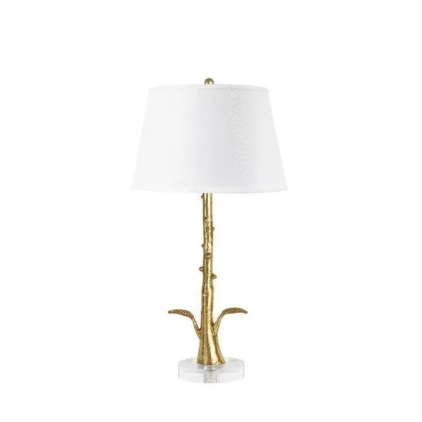 Rama Lamp table lamp with branch-like gold leaf stem, two leaves at base, white fabric shade, clear acrylic base