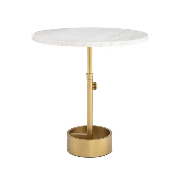Myles Accent Table Large with round white marble top and cylindrical gold metal base featuring circular base tray