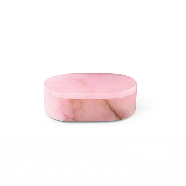 Smooth pink alabaster oval display box with polished finish and natural veining