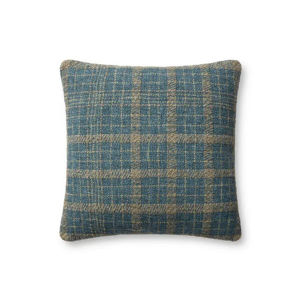 Square Earl throw pillow with teal and tan check pattern in a woven textured fabric