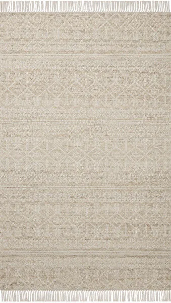 Ivory Rivers Sand flatweave area rug with symmetrical geometric motifs and fringed edges