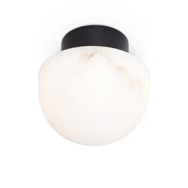 Deco inspired flush mount ceiling light with alabaster globe and oil rubbed bronze metal canopy