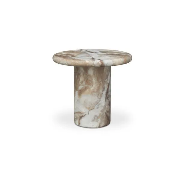 Frida Outdoor Side Table with textured, tapered concrete top and bold cylindrical pedestal base in beige and white tones