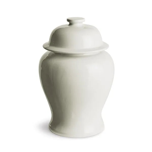Small traditional ginger jar in bright white high gloss glaze with wide rounded body and domed lid