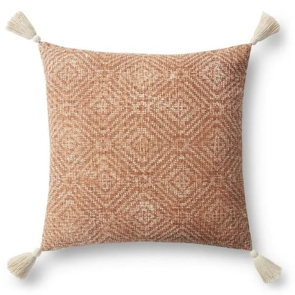 18x18 orange cotton pillow with geometric pattern and tassels on each corner